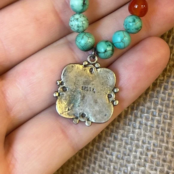 Sterling Silver Cross pendant with Turquoise and Cornelian beads - Picture 9 of 11